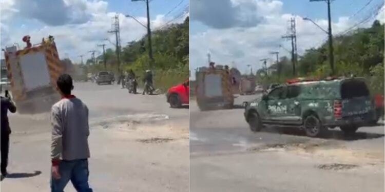 Caminhão dos bombeiros quase tomba ao cair em cratera no Distrito Industrial II