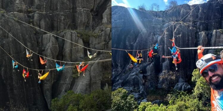 Grupo de rapel viraliza com 'redinhas' suspensas nas alturas de Quixadá