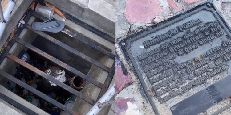 Placa na Praça do Congresso revela estrutura de antiga iluminação a gás de Manaus