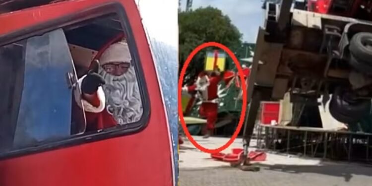 Papai Noel é preso após queda de guindaste (Foto: Reprodução/Internet)