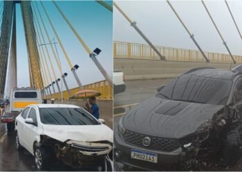 Pista molhada causa acidente entre carros na Ponte Rio Negro