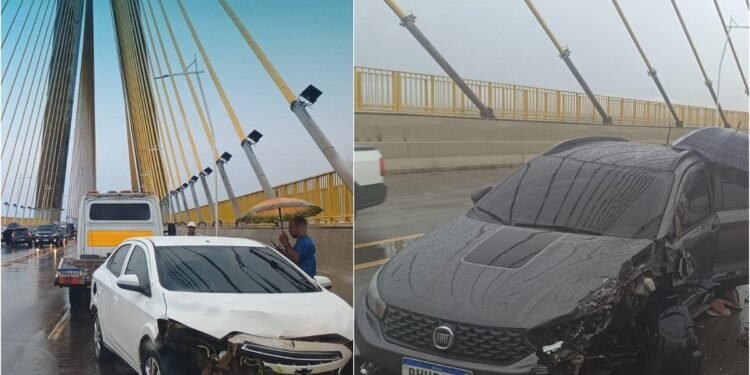 Pista molhada causa acidente entre carros na Ponte Rio Negro