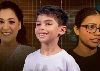 Médica Juliana Brasil; menino Benício Xavier; e técnica de enfermagem Raiza Bentes; da esquerda para direita (Arte: Abraão Torres/Rios de Notícias)