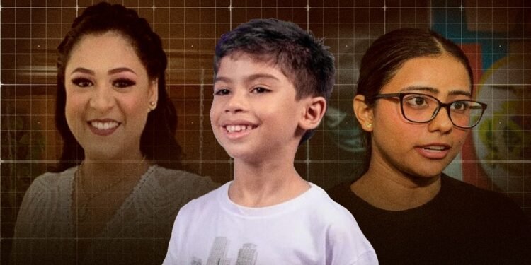 Médica Juliana Brasil; menino Benício Xavier; e técnica de enfermagem Raiza Bentes; da esquerda para direita (Arte: Abraão Torres/Rios de Notícias)