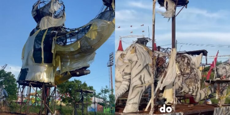 Carros alegóricos permanecem abandonados na avenida do Samba em Manaus