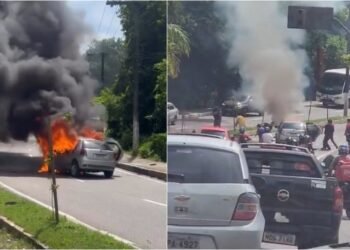 Carro em chamas provoca caos no trânsito da avenida Jacira Reis, em Manaus