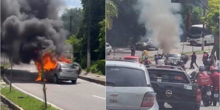 Carro em chamas provoca caos no trânsito da avenida Jacira Reis, em Manaus