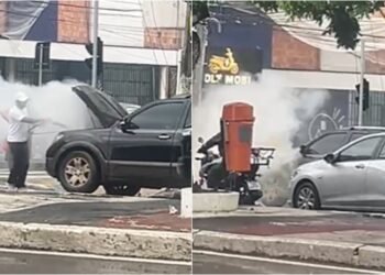 Carro pega fogo na avenida Getúlio Vargas