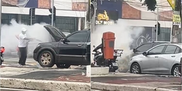 Carro pega fogo na avenida Getúlio Vargas