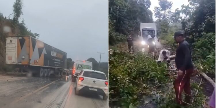 Carreta bate na encosta e interdita trecho da rodovia AM-010