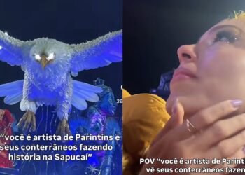 Sinhazinha do Caprichoso se emociona e exalta artistas de Parintins no Carnaval carioca: ‘fazendo história na Sapucaí’