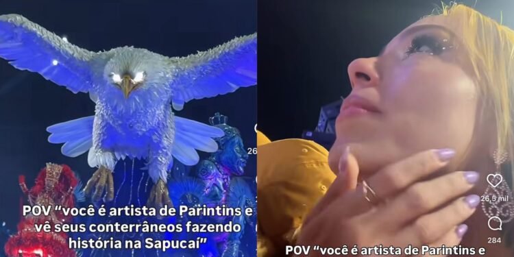 Sinhazinha do Caprichoso se emociona e exalta artistas de Parintins no Carnaval carioca: ‘fazendo história na Sapucaí’