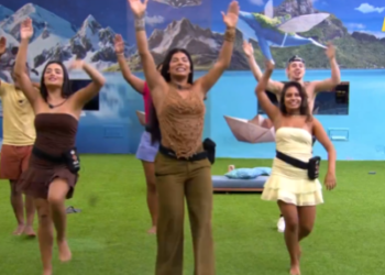 Marciele ensina brothers a coreografia da toada do Boi Caprichoso