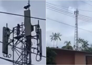 Três pessoas escalam torre sem proteção e deixam moradores apreensivos