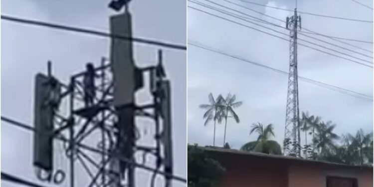 Três pessoas escalam torre sem proteção e deixam moradores apreensivos