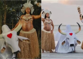 Tuxaua do Garantido, Ketlen Fantini Baré anuncia nome do filho e emociona com ensaio na floresta em Parintins