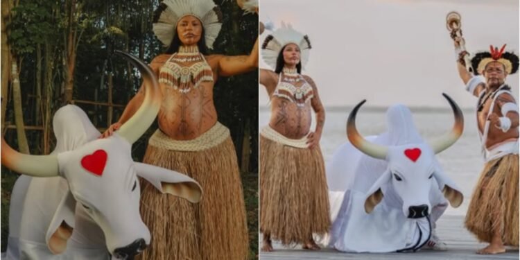 Tuxaua do Garantido, Ketlen Fantini Baré anuncia nome do filho e emociona com ensaio na floresta em Parintins