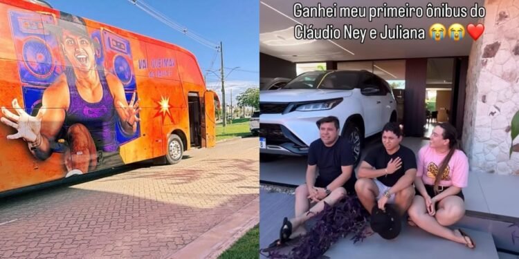 Filho do Piseiro se emociona ao receber primeiro ônibus como presente