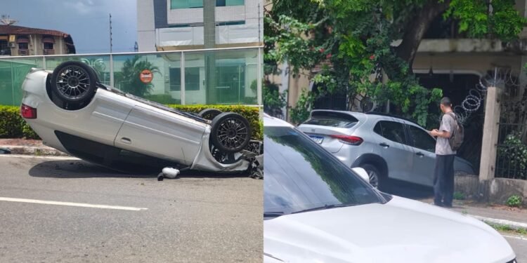 Colisão entre veículos termina com carro capotado no Parque 10