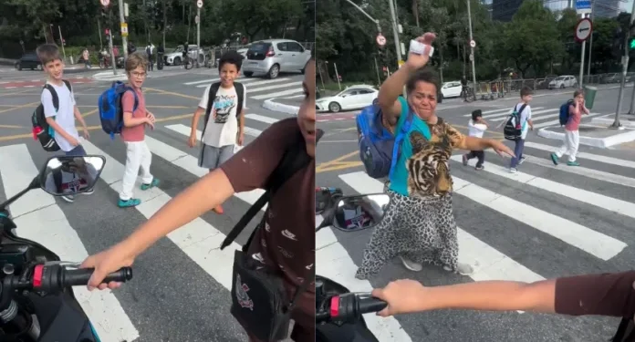 Criança gira acelerador de moto em faixa de pedestres e vídeo viraliza nas redes sociais