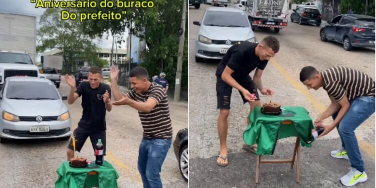 ‘Buraco do prefeito’: influenciadores fazem festa de aniversário para buraco no bairro Japiim