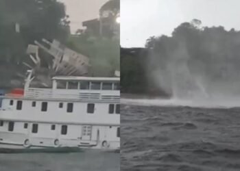 Ventos intensos formam redemoinho no Rio Negro e danificam embarcações em Manaus