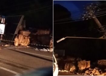 Carreta tomba e derruba poste de energia na avenida Autaz Mirim