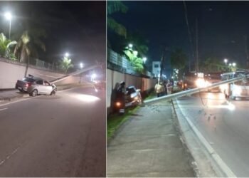 Vídeo: carro atinge poste e deixa fiação exposta na Avenida das Torres