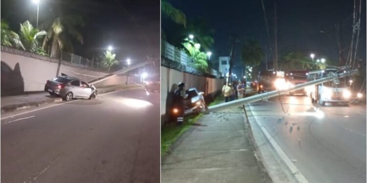 Vídeo: carro atinge poste e deixa fiação exposta na Avenida das Torres