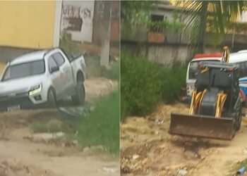 Sequência de veículos presos em crateras revolta moradores no ramal do Acará