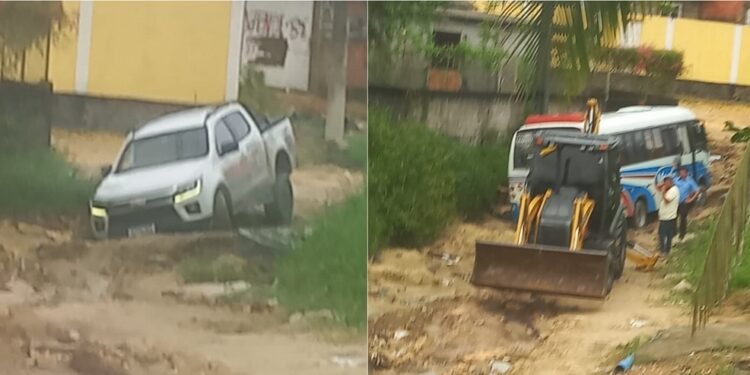 Sequência de veículos presos em crateras revolta moradores no ramal do Acará