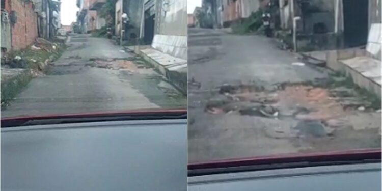 Vídeo mostra rua esburacada e revolta moradora em Manaus