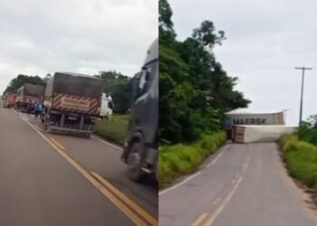 Tombamento de duas carretas bloqueia BR-174 e paralisa trânsito