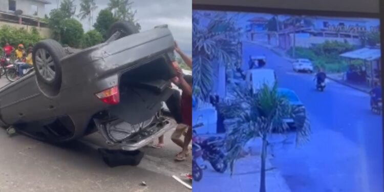 Acidente em Tefé: carro capota após bater em veículo parado