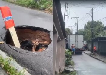 Caminhão desvia de buraco, derruba poste e causa confusão no bairro São Francisco