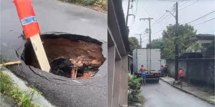 Caminhão desvia de buraco, derruba poste e causa confusão no bairro São Francisco