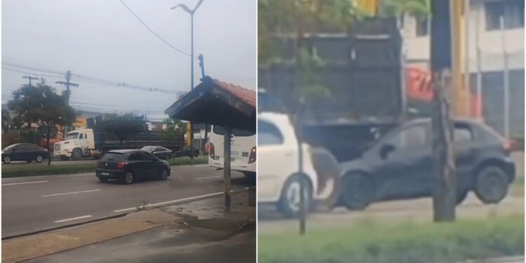 Carro fica embaixo de carreta parada e causa susto na Avenida Max Teixeira