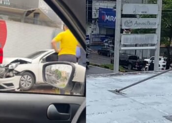 Acidente durante forte chuva destrói frente de carro na avenida Djalma Batista, em Manaus