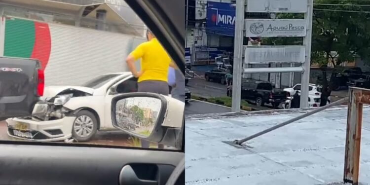 Acidente durante forte chuva destrói frente de carro na avenida Djalma Batista, em Manaus