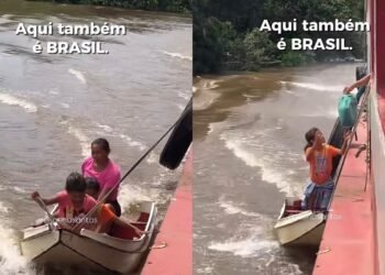 Vídeo de mãe ribeirinha vendendo camarão e açaí com crianças viraliza nas redes sociais