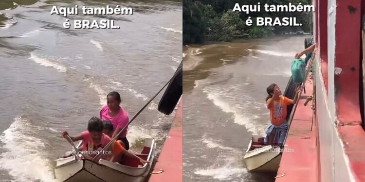 Vídeo de mãe ribeirinha vendendo camarão e açaí com crianças viraliza nas redes sociais