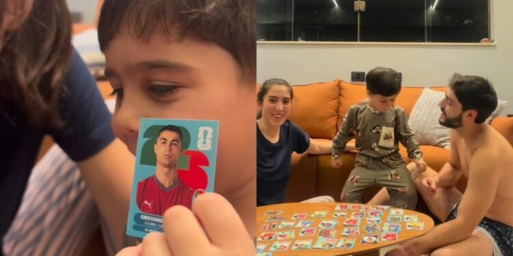 Influenciadora registra ‘saga’ de filho para encontrar figurinha de Cristiano Ronaldo em álbum da Copa