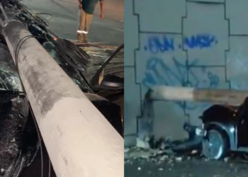 Veículo fica destruído após colidir contra poste na avenida Efigênio Salles
