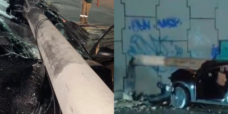 Veículo fica destruído após colidir contra poste na avenida Efigênio Salles