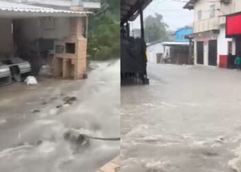 Após 15 minutos de chuva, rua fica alagada e moradores denunciam transtornos no conjunto Mundo Novo