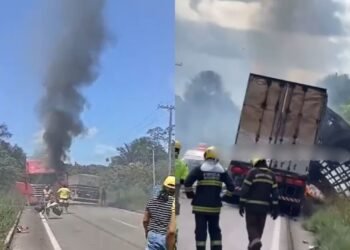 Carreta é destruída por incêndio