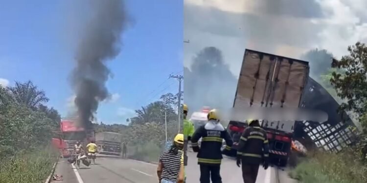 Carreta é destruída por incêndio