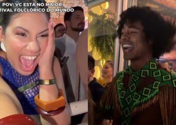 Ex-BBBs Gabi Saporito e Breno Corã se encantam com o Festival de Parintins e enaltecem Marciele Albuquerque