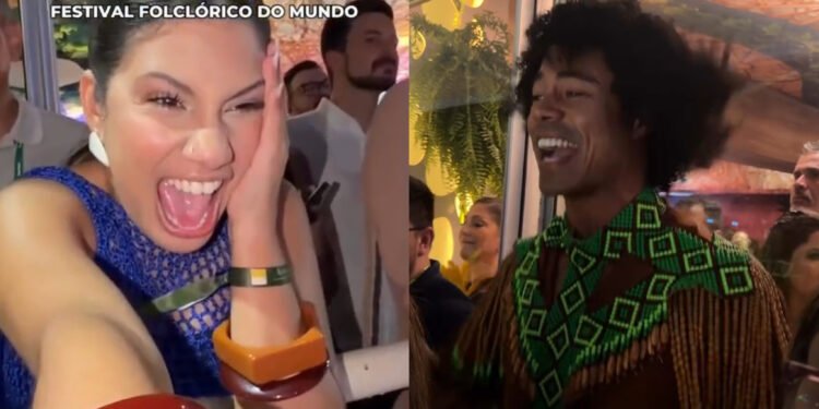 Ex-BBBs Gabi Saporito e Breno Corã se encantam com o Festival de Parintins e enaltecem Marciele Albuquerque