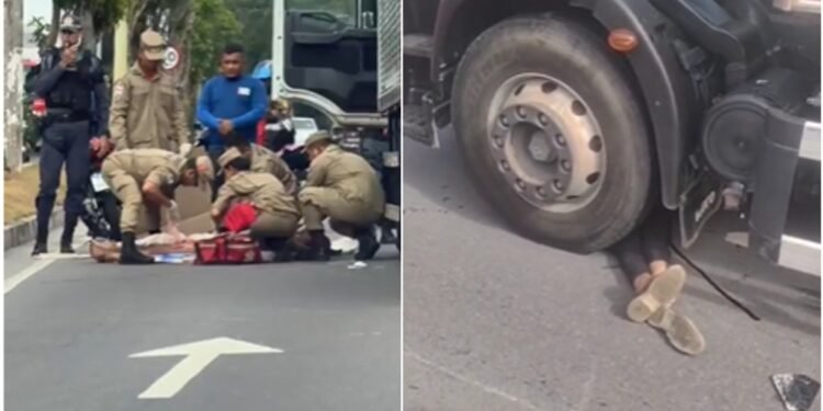 Motociclista fica ferido após colisão e vai parar embaixo de caminhão na avenida do Turismo